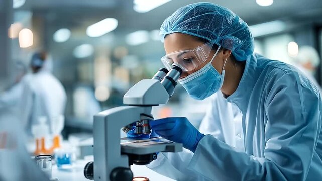 Faceless laboratory scientist from behind in a bright clinical laboratory leaning over a microscope at a workstation one eye at the eyepiece in a focused examination posture