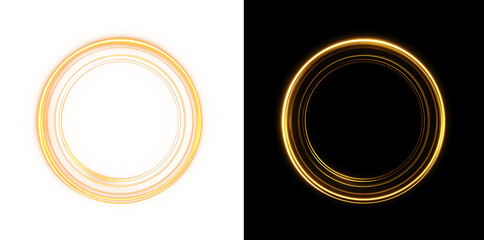 Golden neon glowing circle frame with multiple light rings isolated on black background, abstract luminous gold round border, futuristic electric light effect for luxury design and advertising © Viktoriia