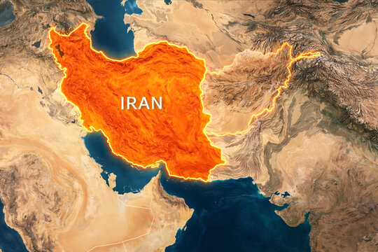 Map of Iran highlighted on Middle East satellite view, 3D illustrative geography of Iranian borders, Persian Gulf and West Asia geopolitical map