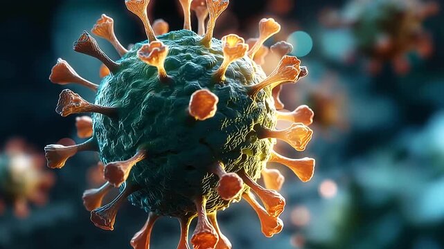 Macro 3D render close up visualization of a single virus particle magnified to extraordinary scale fine surface protein spikes in precise structural detail the particle's