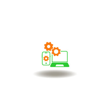 Vector illustration of laptop and smartphone with gears symbolizing data exchange. Symbol of EDI Electronic Data Interchange.