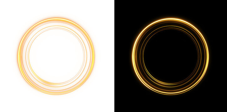 Golden neon glowing circle frame with multiple light rings isolated on black background, abstract luminous gold round border, futuristic electric light effect for luxury design and advertising