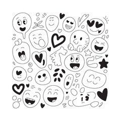 Fototapeta premium Black and white doodle collection of various expressive faces and heart shapes