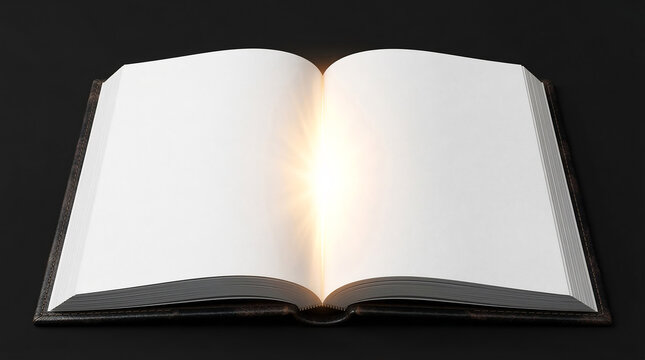 Open book with glowing pages on black background  