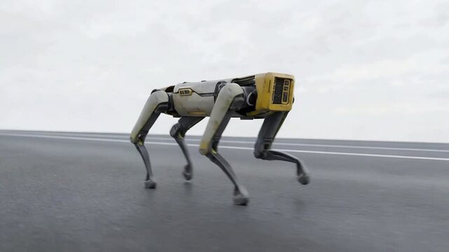 Futuristic Robotic Dog Walking On Empty Asphalt Road