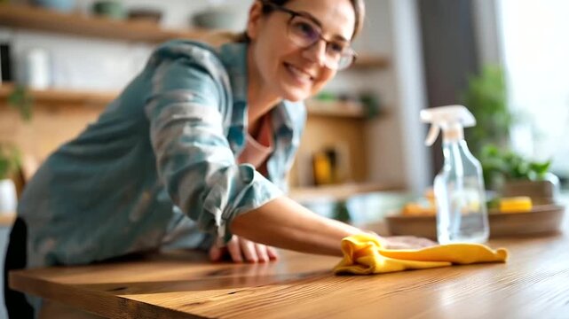 Faceless woman from behind in a bright clean kitchen leaning over a wooden table surface and wiping it methodically with a damp cloth cleaning product bottle visible at the