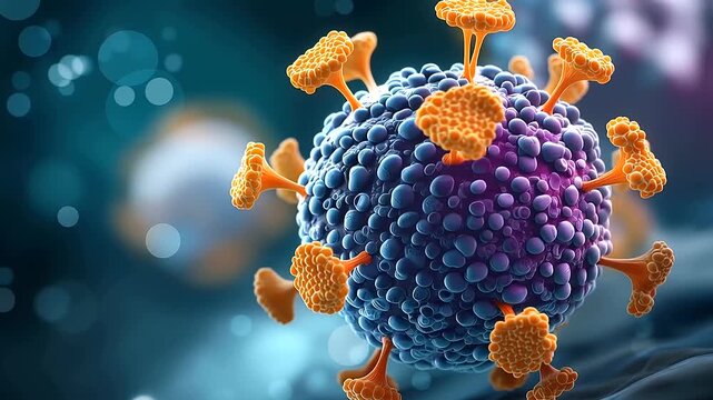 Macro 3D render close up of a vivid pathogenic virus cell in extraordinary photorealistic detail fine protein spikes on the surface in precise structural arrangement the cell