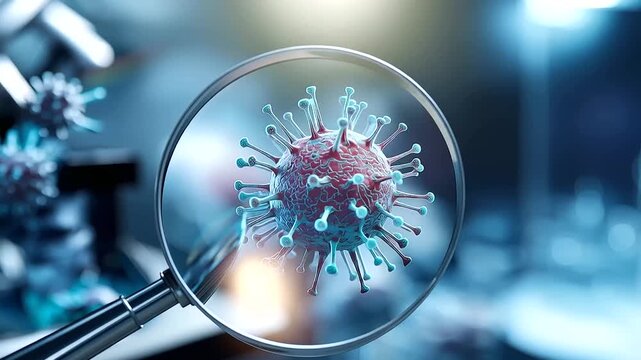 Abstract concept illustration of an oral health examination a vivid magnifying glass lens zoomed in on a microscopic germ cluster at tooth surface level detailed bacterial cell