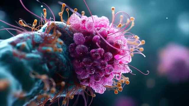Abstract 3D render of a drug resistant bacterial strain in vivid scientific illustration style the bacterium's surface structures and membrane detail rendered in extraordinary