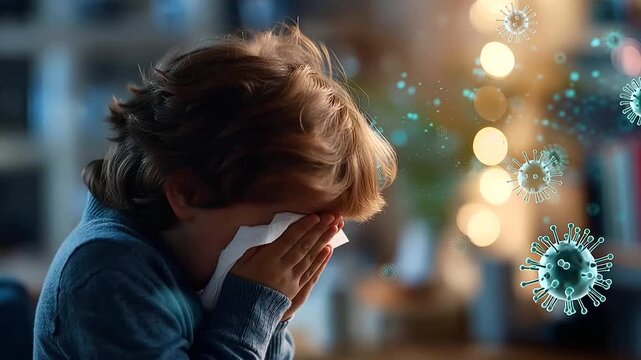 Wide concept illustration of a small child from the side sneezing into a tissue the surrounding air rendered with a vivid swirl of semi transparent microscopic pathogen