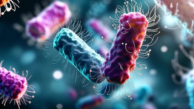 Abstract 3D render visualization of rod shaped intestinal bacteria in vivid photorealistic detail multiple cells shown in different orientations floating in an aqueous biological