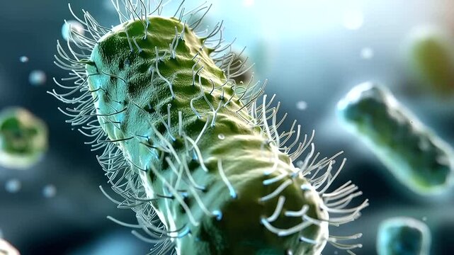Abstract 3D render visualization of rod shaped intestinal bacteria in vivid photorealistic detail multiple cells shown in different orientations floating in an aqueous biological