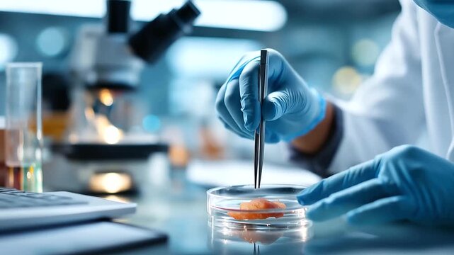 Close up of faceless laboratory scientist hands from above at a bright research workstation analyzing a shrimp tissue sample preparation on a clean laboratory slide