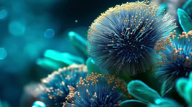 Abstract digital art composition of a vivid electric blue pattern of bacteria and cells multiple microorganism forms creating an intricate underwater garden aesthetic vivid teal