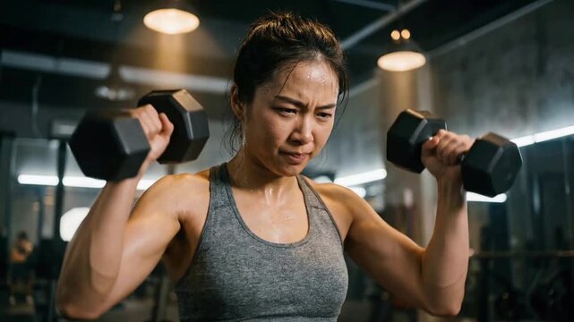 Fit Asian Woman Lifting Dumbbells During Heavy Workout in Gym