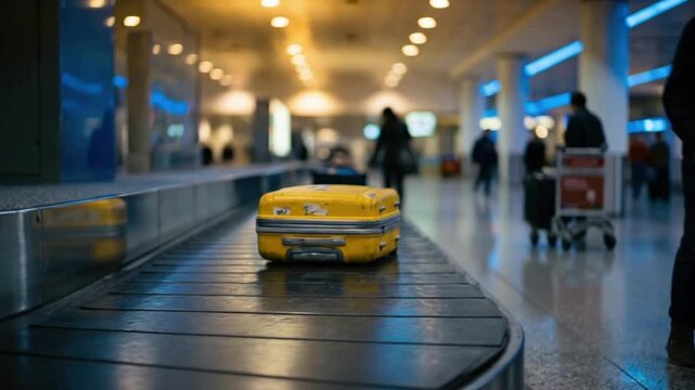 Yellow Suitcase on Baggage Carousel in Airport Terminal with Passengers
