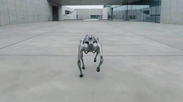 Robotic Dog Running on Concrete Floor in Modern Architectural Space