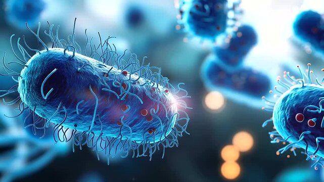 Macro 3D render close up of blue bacteria cells in vivid photorealistic scientific illustration style multiple organisms in vivid electric blue tones with fine surface structures
