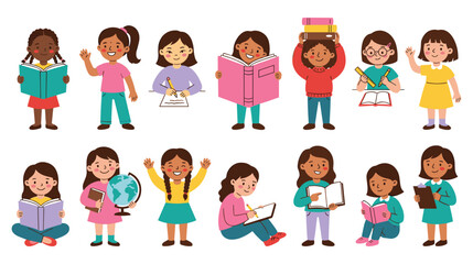 Fototapeta premium Diverse group of girls reading books and learning