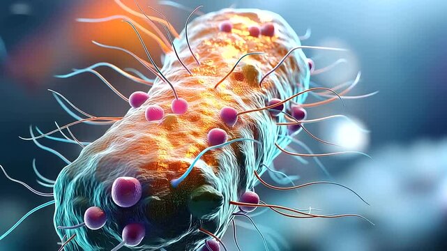 Macro photography close up of a single bacterium in vivid microscopic detail fine surface structures and internal cell components visible in extraordinary resolution the