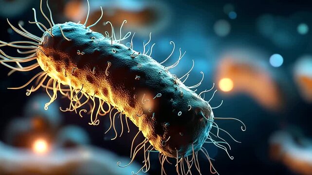 Macro 3D render close up of a single bacterium in vivid photorealistic scientific illustration style fine surface protein structures in extraordinary microscopic detail warm