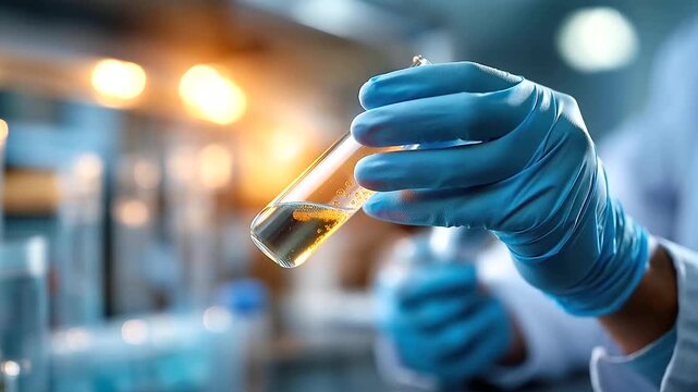 Close up of a faceless scientist's gloved hands from above blue latex gloves in sharp detail holding a glass test tube containing a cloudy bacterial culture sample