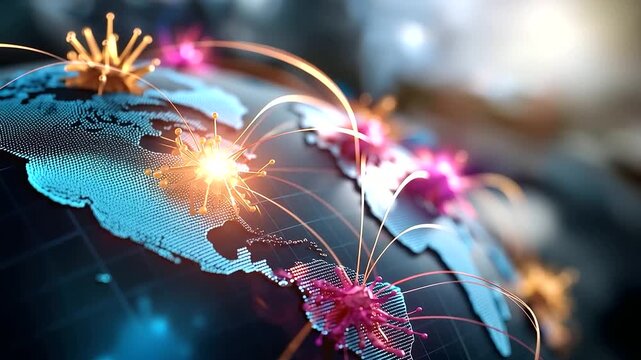 Abstract visualization of a world map with a glowing pathogen spread overlay vivid color coded infection zones spreading across the continents from multiple origin points clean