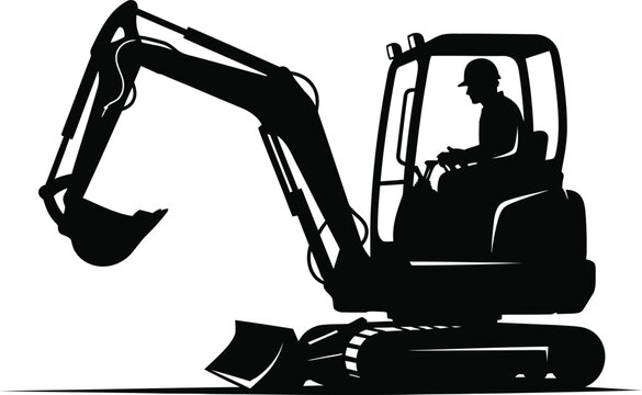Vector silhouette of construction worker operating mini excavator machine