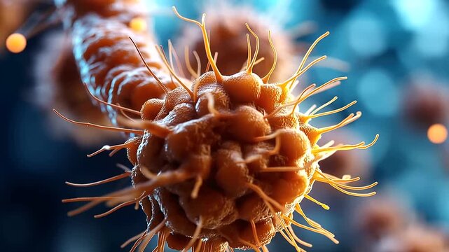 Macro 3D render visualization of a cluster of microscopic bacteria rendered in vivid photorealistic detail each bacterium exhibiting distinct surface texture and fine structural
