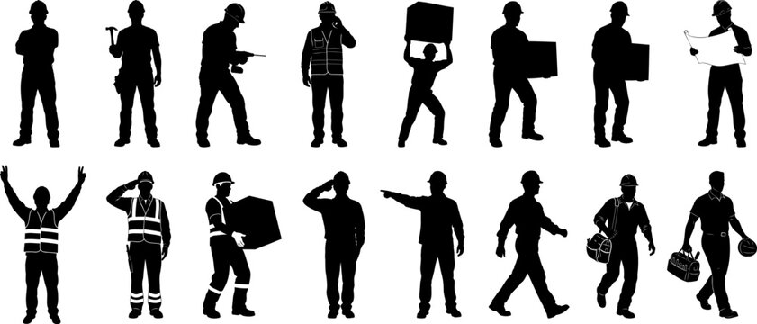 Construction workers and industrial staff silhouettes in various poses and actions