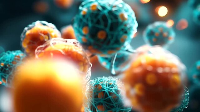 Abstract 3D render of a vivid cluster of orange and teal microbiological cells floating in a glowing gently illuminated biological environment the cells' surfaces catching