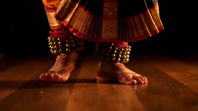 Graceful feet adorned with traditional ghungroos perform classical Indian dance on a polished wooden stage, showcasing rich cultural heritage and rhythmic artistry