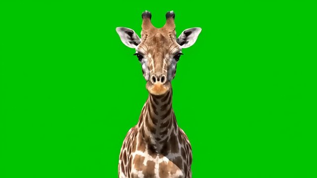 Close-up portrait of a majestic giraffe standing prominently against a vibrant green screen background, ideal for seamless video compositing and engaging educational content