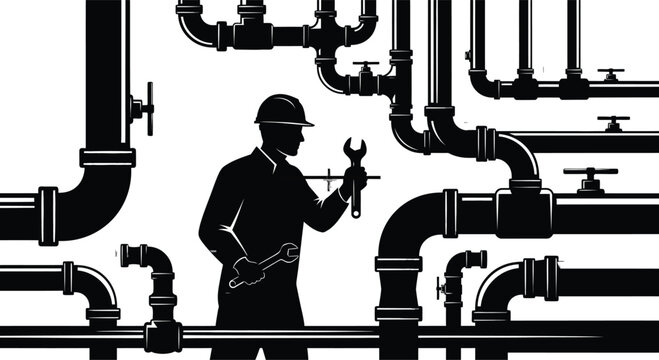 Vector silhouette of a construction worker with pipes and tools