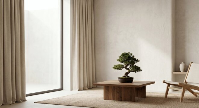 Minimalist Japandi Living Room Corner with Bonsai Tree