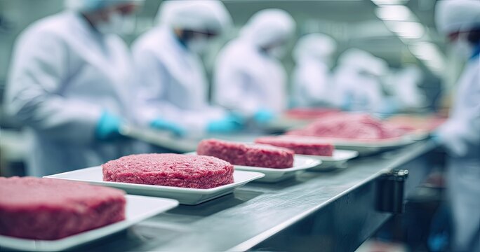 Food Processing Plant Workers Preparing Raw Meat Products on a Conveyor Belt.