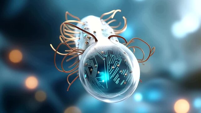 Abstract concept visualization of a technologically advanced bacterium with fine embedded circuit patterns visible through its transparent cell wall blue bioluminescent light