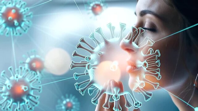 Abstract concept illustration of a person's face visible from the side a semi transparent visualization of the pathogen transmission pathway from unwashed hands