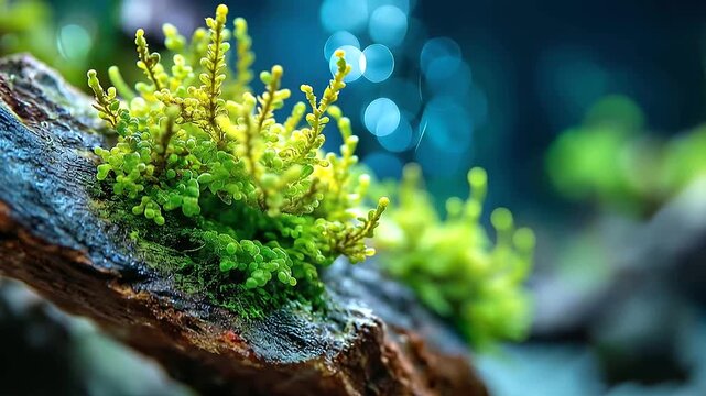Close up macro photography of vivid green cyanobacteria attached to a textured rock surface in an aquarium environment the fine algae cell clusters in extraordinary sharp focus