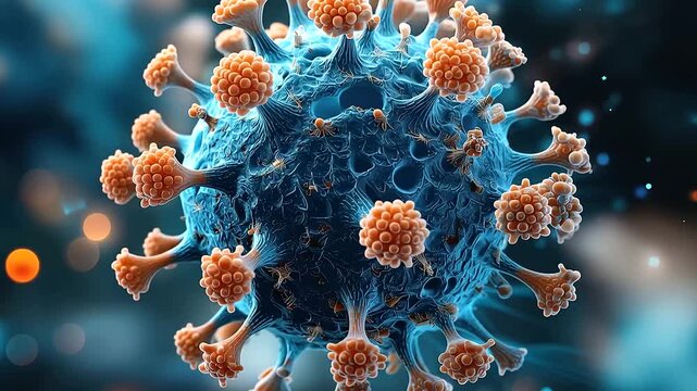 Abstract 3D digital illustration of a flu type virus particle in a vivid digital graphic design style fine surface spike proteins in precise structural arrangement against