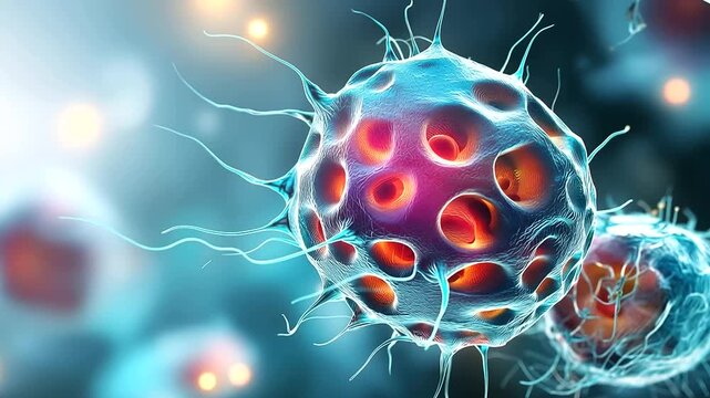 Abstract 3D digital illustration of an imaginary bacterium molecule with vivid organic shapes and membrane surface details a surrounding glow suggesting the human immune system