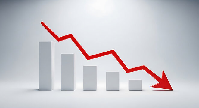 A bar graph with a downward trend shown by a red arrow on a gray background