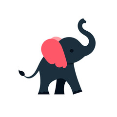 Fototapeta premium Cute baby elephant walking with trunk up, pink ears, dark blue body, isolated on white background Concept of childhood, innocence, and joy