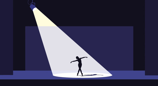 A lone dancer bathed in a spotlight on a dark stage, showcasing skill and dedication in a performance