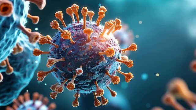 Abstract 3D render visualization of a virus molecule in a bright microscopic science illustration the central nuclei structure visible surrounded by a dense protein spike surface
