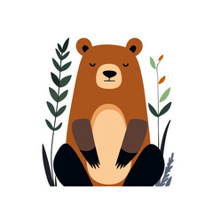 Cute brown bear sitting peacefully in nature with green plants, calm and serene woodland animal illustration for childrens books and decor Concept of wildlife, forest, and tranquility © Fernando