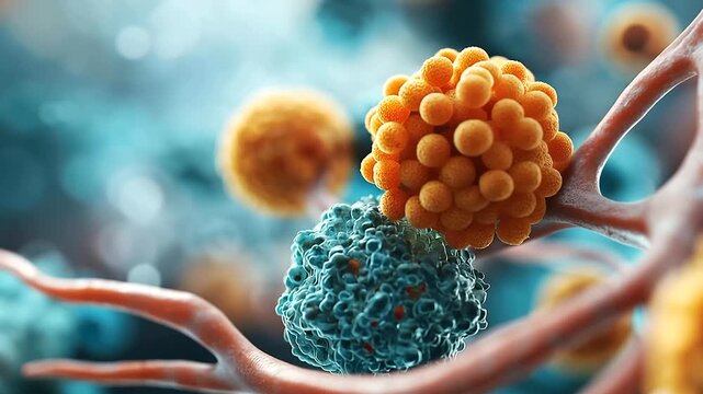 Abstract 3D visualization of the host microbe interaction within the human microbiome vivid beneficial microorganism communities rendered in contrasting colors coexisting with