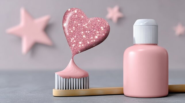 Pink toothpaste bottle with brush beside it. Glitter heart shape emerges from brush. Soft pastel stars decorate background. Gentle, sweet, romantic vibe