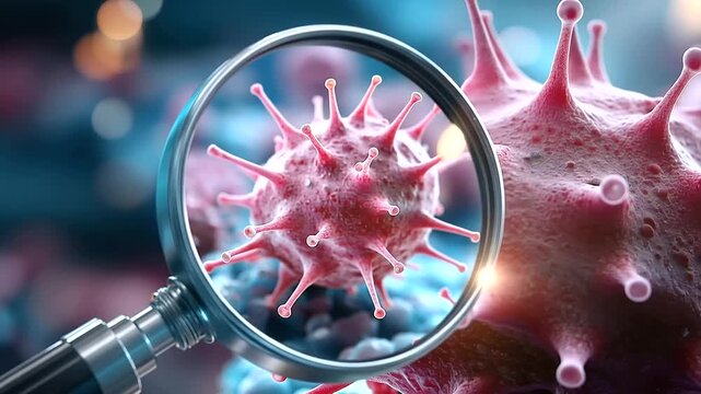 Abstract concept illustration of an oral health examination a vivid magnifying glass lens zoomed in on a microscopic germ cluster at tooth surface level detailed bacterial cell