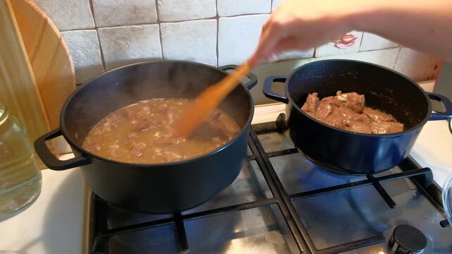 A man cooks meat on a fire. Healthy food. boiling water in a frying pan